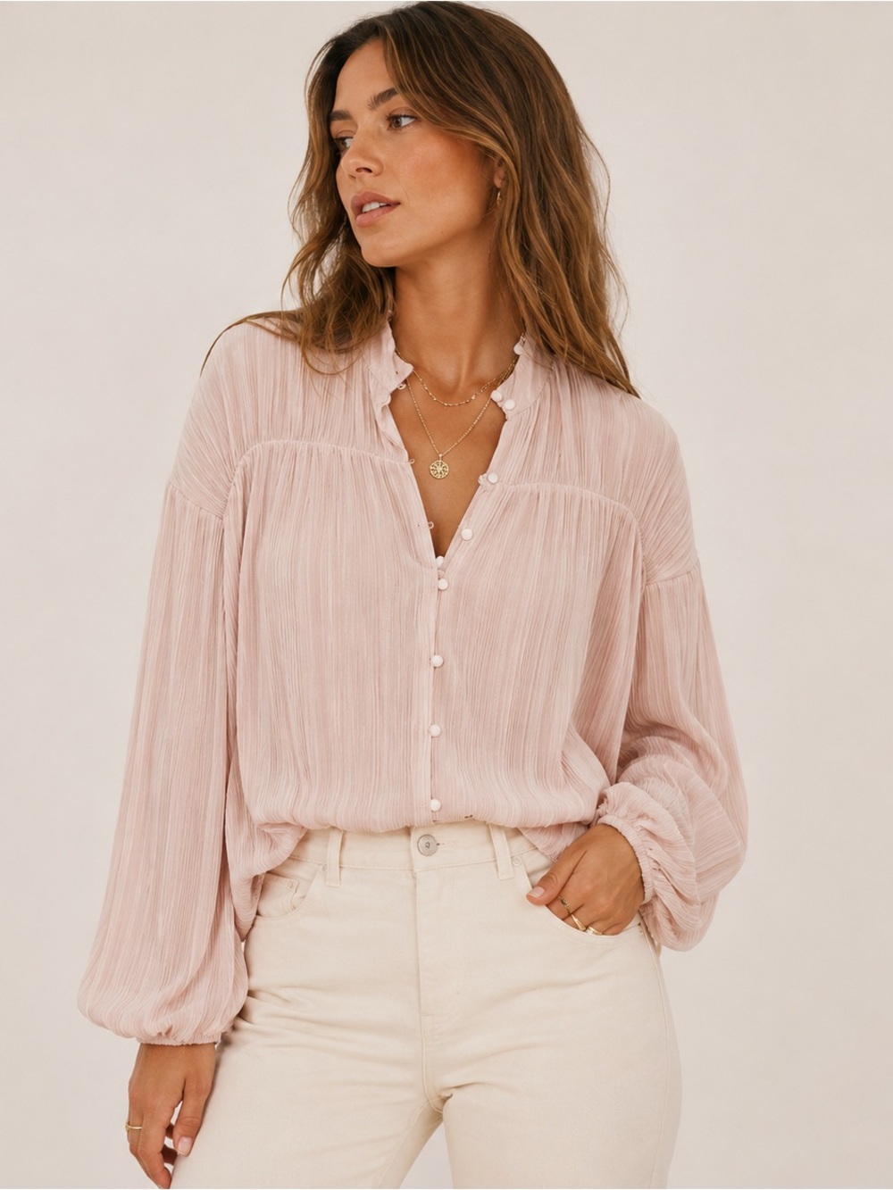 New Mint Velvet Blouse Size S Neutral Pink Crinkle Long Sleeve Elegant Pleated - Picture 7 of 7